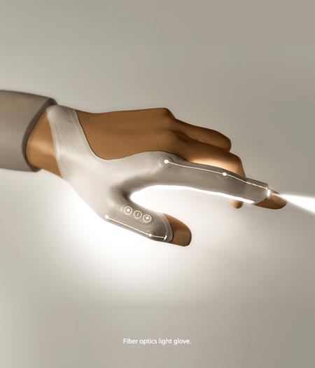 Концепт фонарика-перчатки на основе светодиодов (LED) и оптоволокна